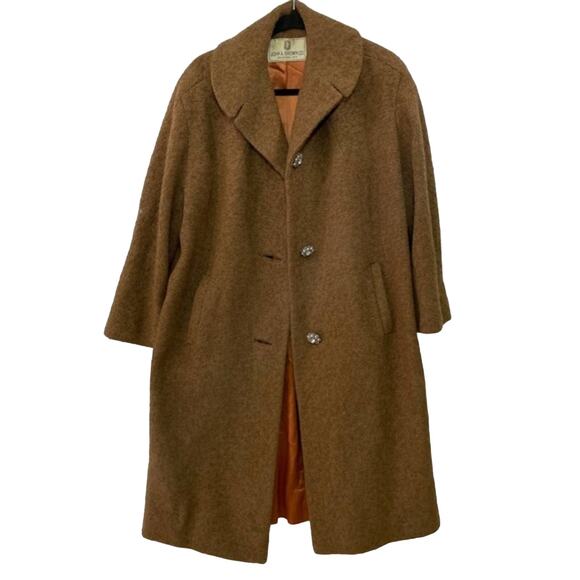 Vintage 1960’s Boucle Knit Brown Trench Coat Rhinestone Buttons Dressy Long Coat - Picture 1 of 12